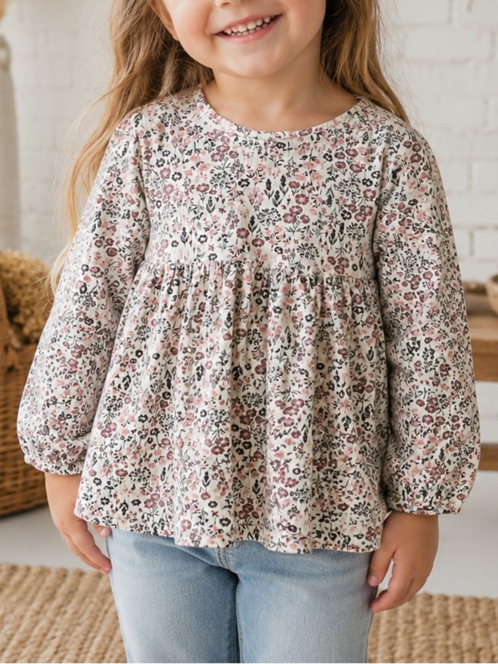 🧺JOIE 3T (3 years old) - Girls Floral Long-Sleeve Babydoll Top - Pink Multi